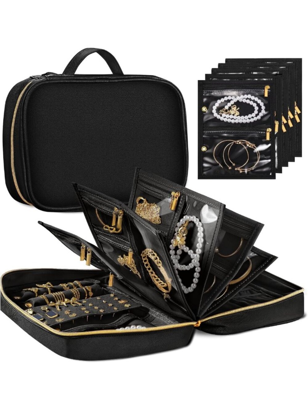 Travel Jewelry Organizer for Women | Tangle-Free, Detachable Pouches, Black